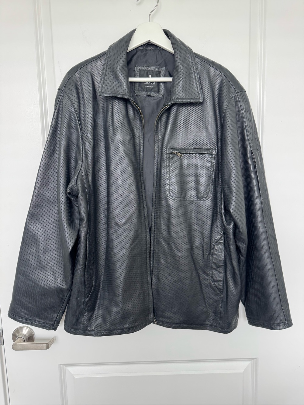 Vintage Rizzoli Rome Italy Perforated Black Lamb Leather Jacket Mens Medium